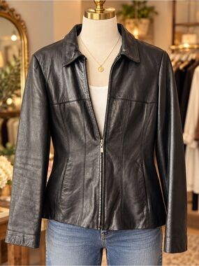 Vtg Wilsons Genuine Leather Moto Jacket Womens M Black 3M Zip Liner Biker Y2K
